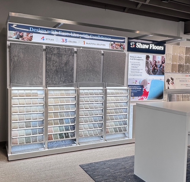 Carpet display of color options in the Yoder Floors showroom in Columbus, OH.