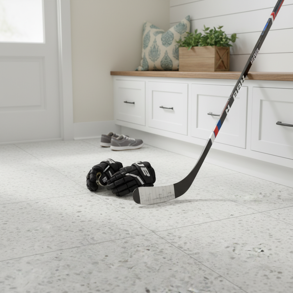 Close-up of tile-look luxury vinyl plank flooring in a mudroom.