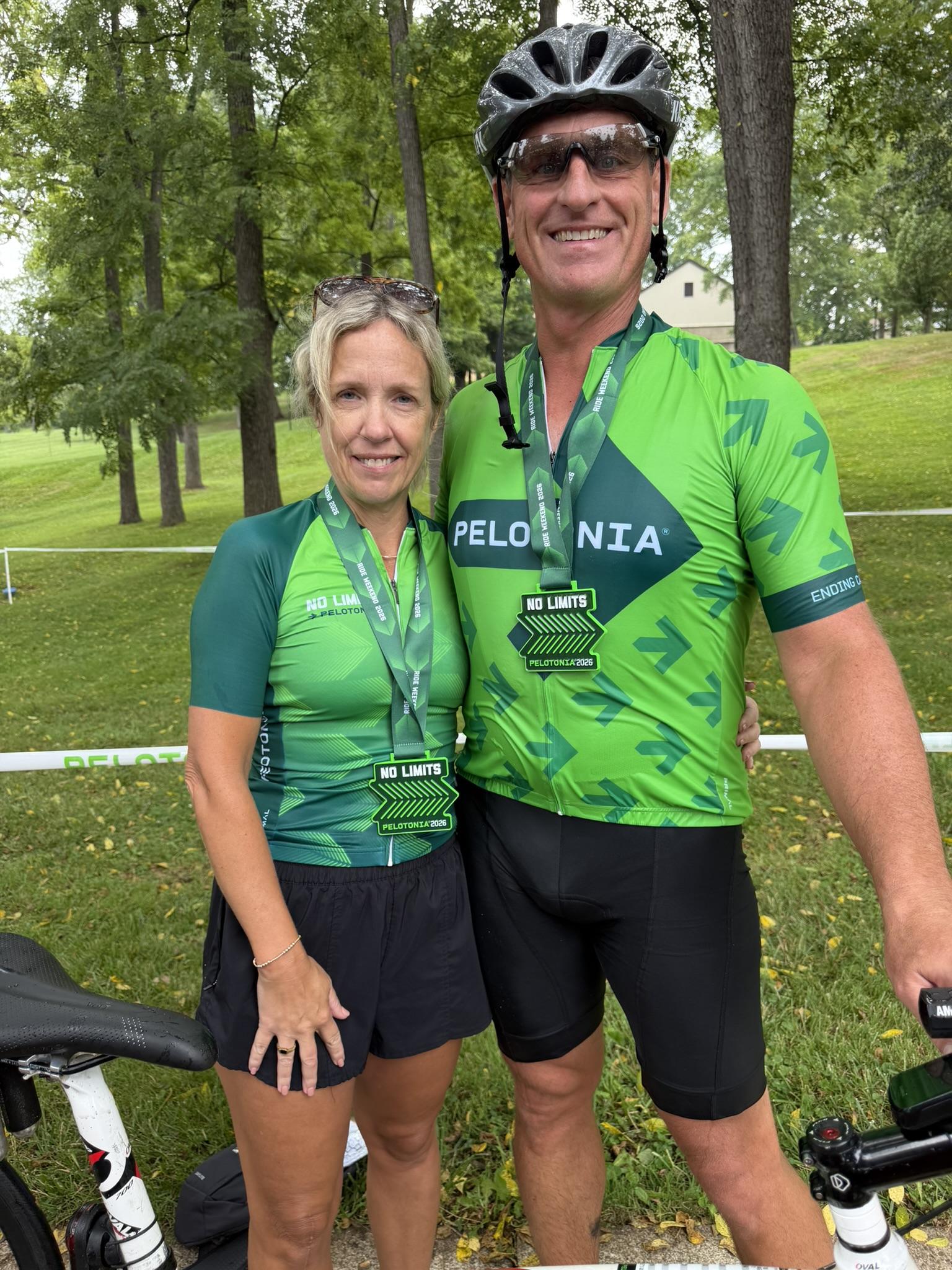 Sheldon and Julie Yoder at the finish line of Pelotonia 2026.
